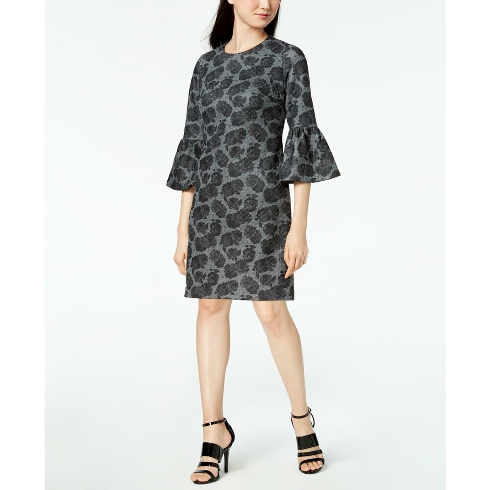 Calvin Klein Womens Gray Ponte Floral Printed Bell Sleeve Sheath Dress Casual 6